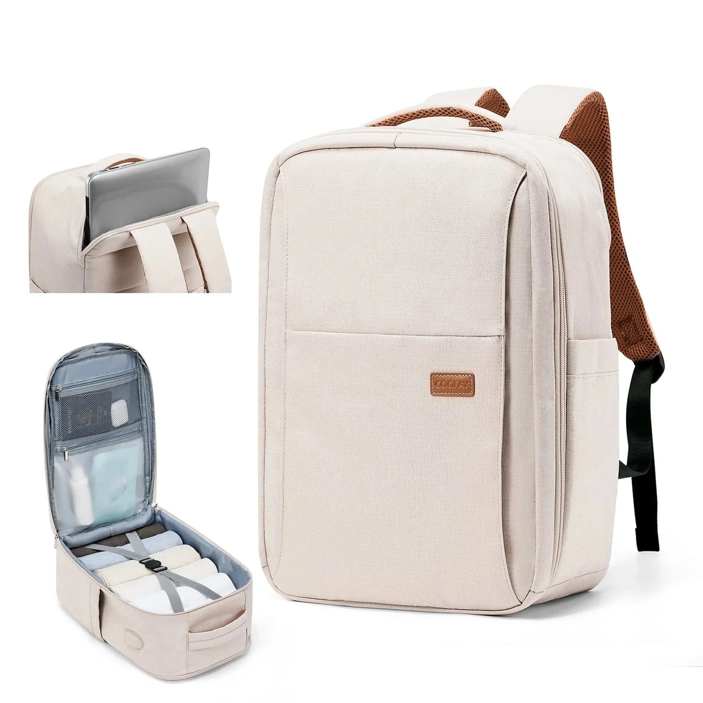 Sac à dos beige en nylon imperméable avec design compact