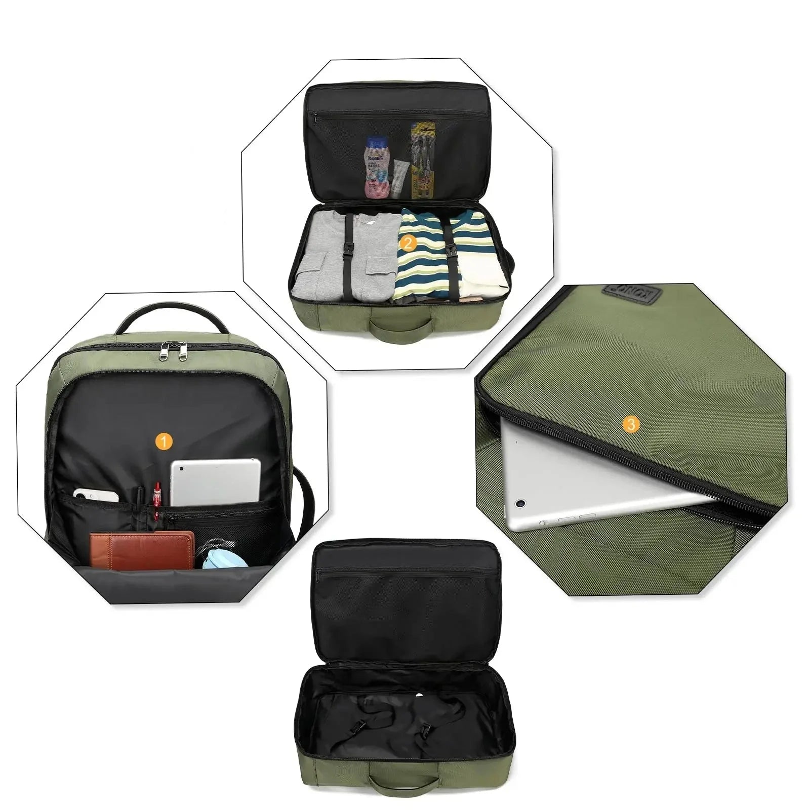 Sac à dos cabine avec multiples compartiments visibles