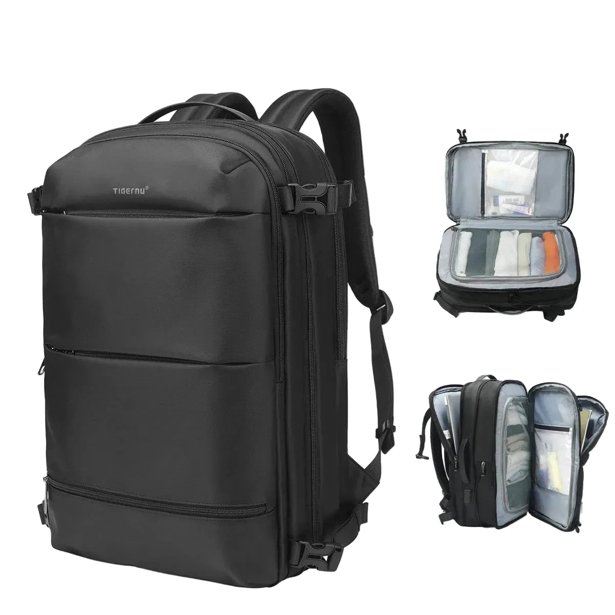 Version noire du sac à dos avec détails des fermetures