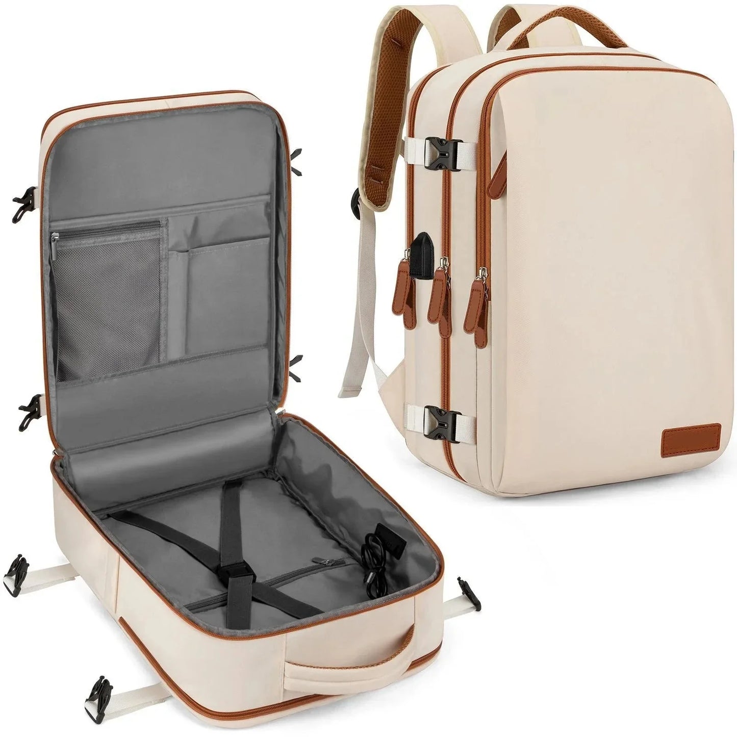 Sac à dos cabine beige avec multiples compartiments