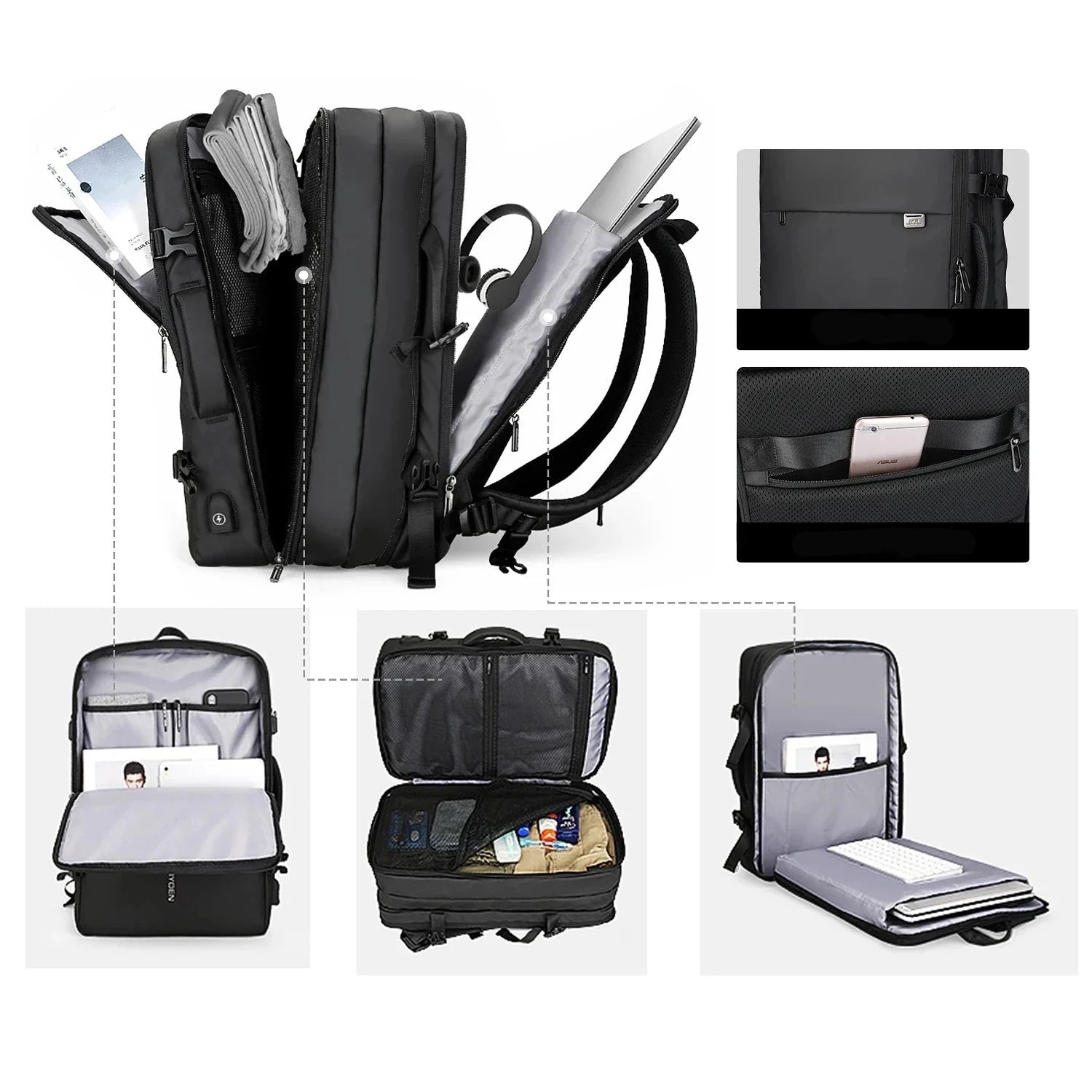 Sac à dos avec compartiment pour ordinateur portable et poches multiples