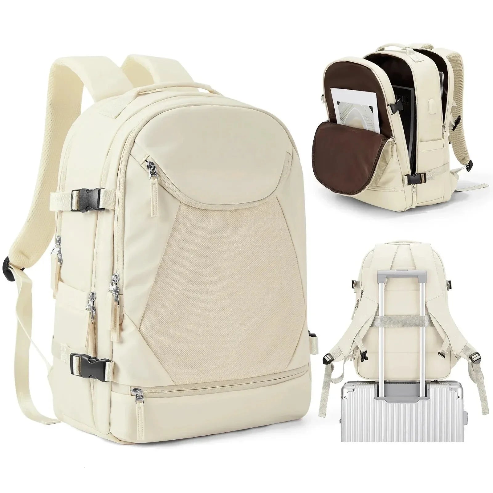 Sac à dos beige, compartiment chaussures visible