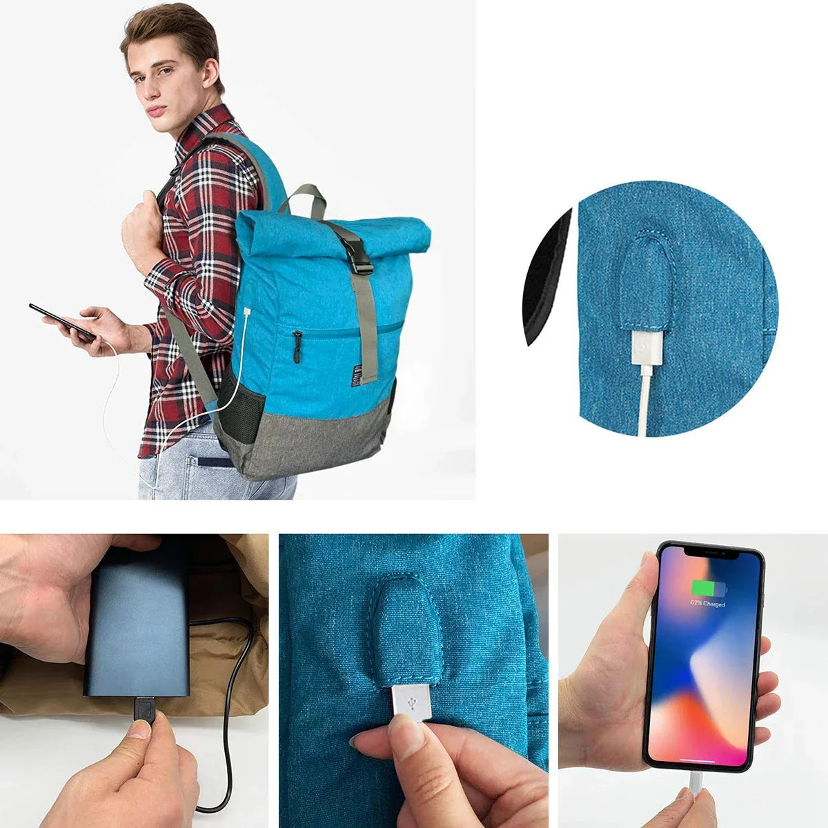 Vue latérale du sac à dos avec fermeture roll-top ajustée