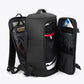 Sac à dos noir avec compartiments ouverts, vue de face