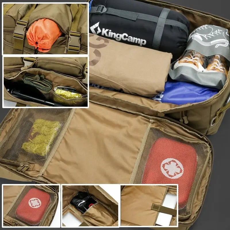 Compartiments intérieurs du sac à dos militaire 65L ouverts