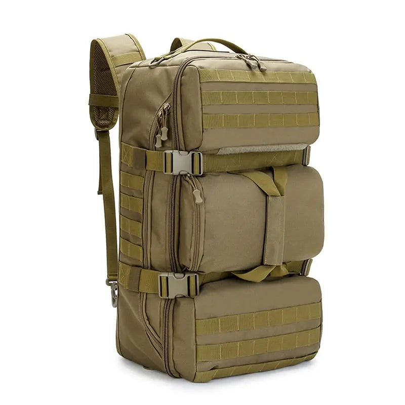 Vue d'ensemble du sac à dos militaire 65L, toutes poches fermées