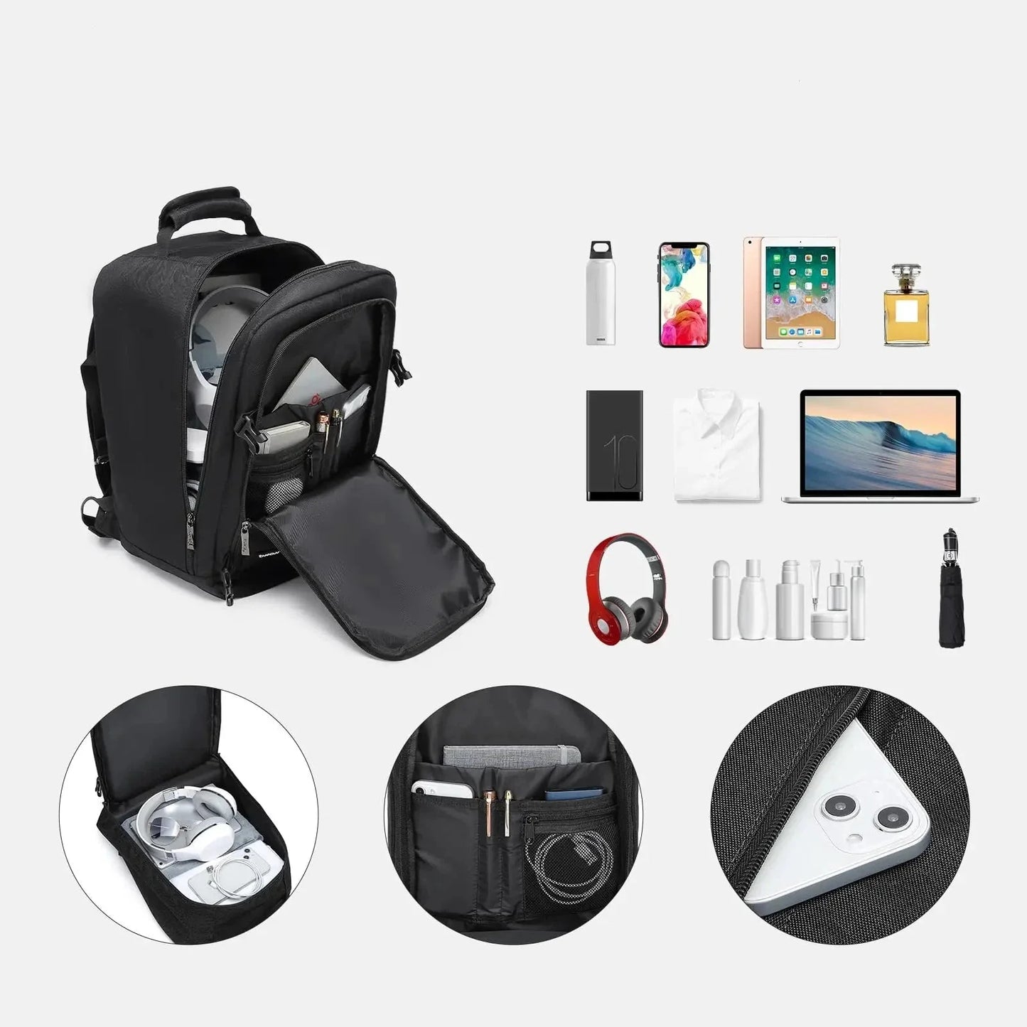 Sac à dos gris avec poches frontales et latérales visibles