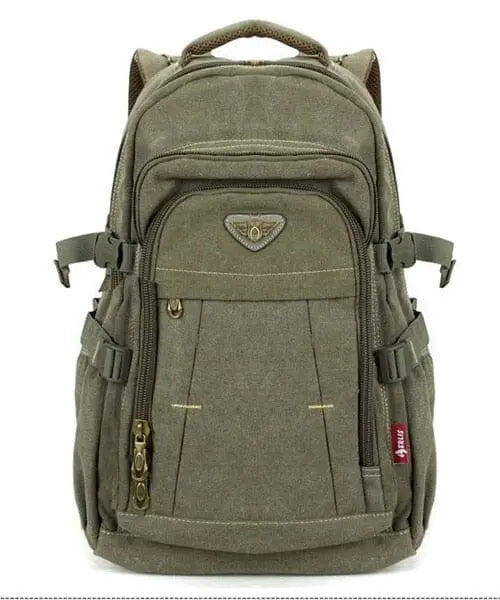 Sac à dos kaki en toile, vue arrière montrant les sangles