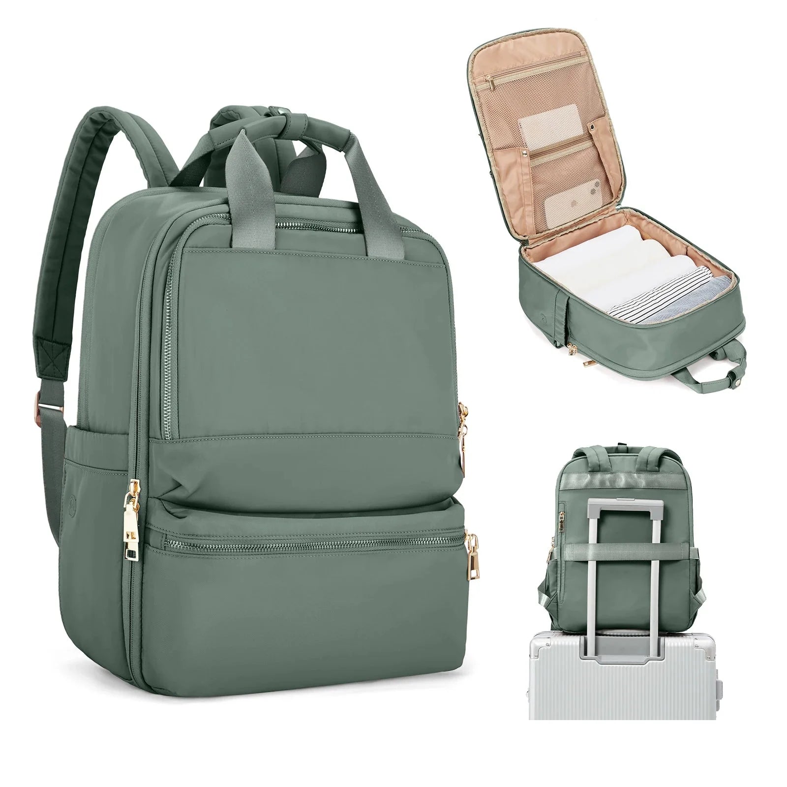 Sac à dos vert avec fermeture éclair et poches latérales