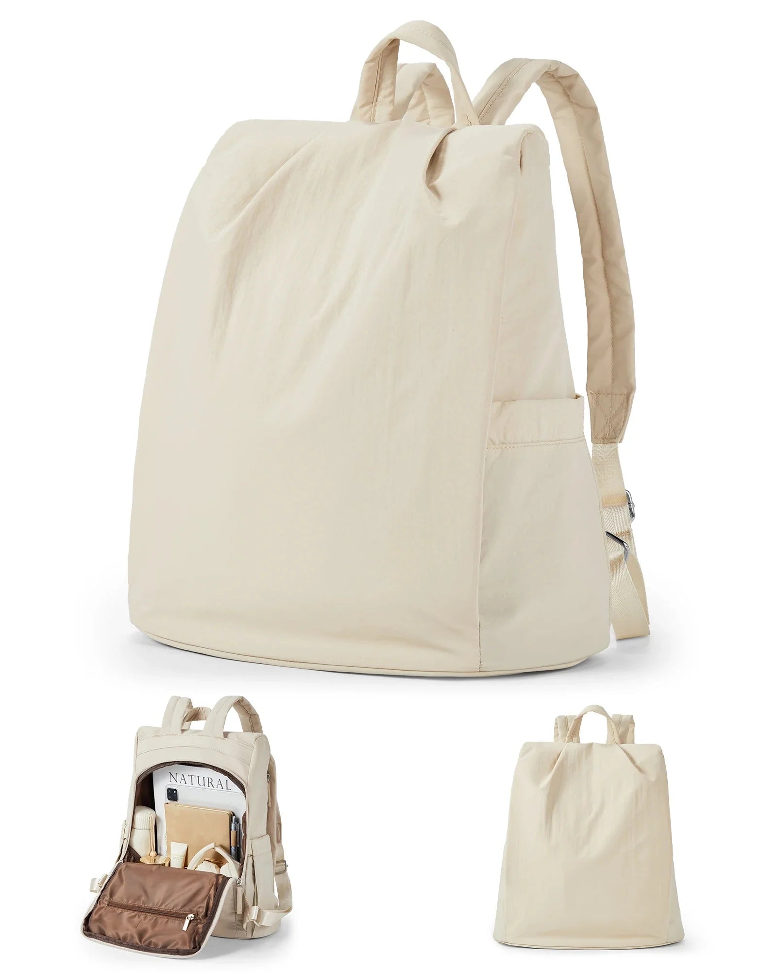 Sac à dos beige élégant, fermeture antivol au dos