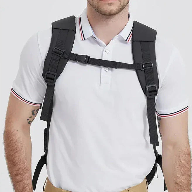 Vue latérale du sac à dos montrant la coque anti-choc