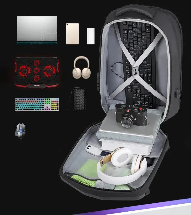 Vue de profil du sac à dos montrant sa capacité extensible