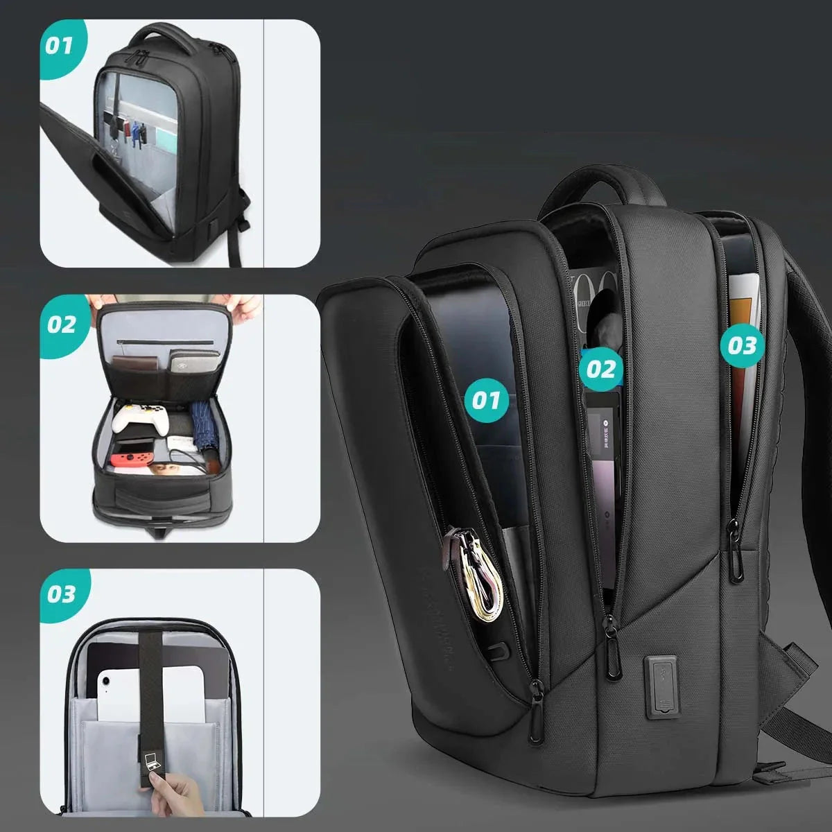 Compartiment principal ouvert avec ordinateur portable visible
