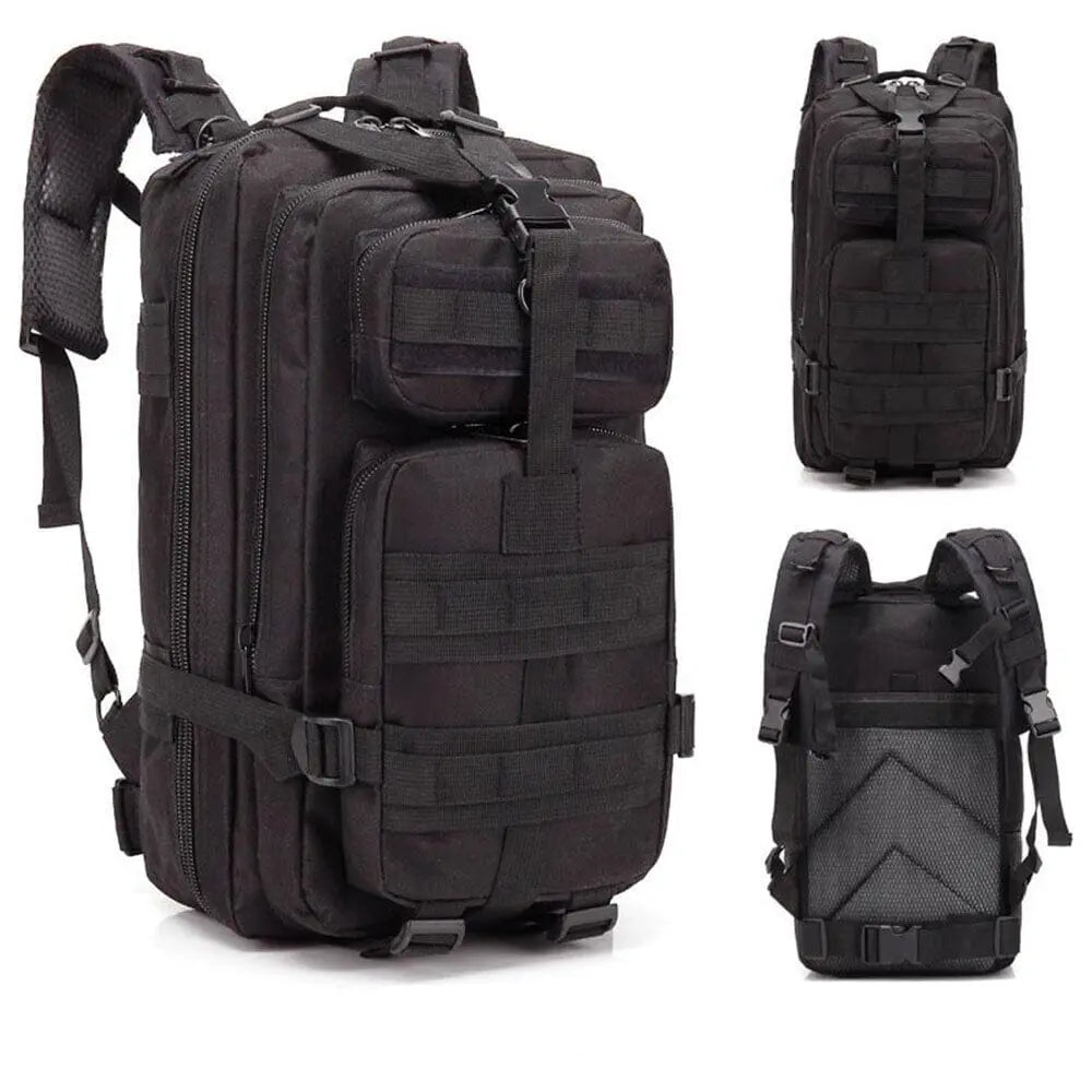 Sac à dos militaire noir, détails des sangles et fermetures
