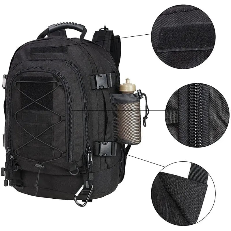 Sac à dos tactique noir avec multiples poches et sangles