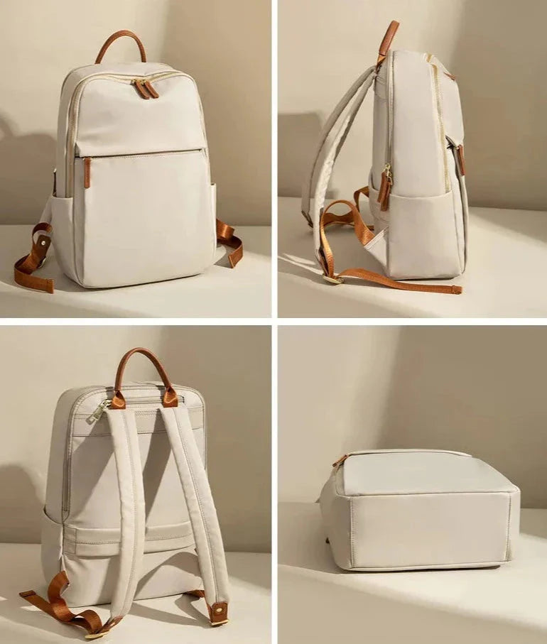 Vue de côté du sac à dos femme, compartiments visibles