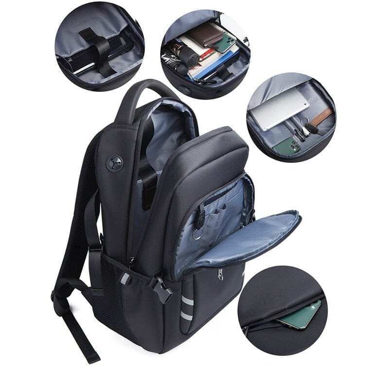 Vue de face d'un sac à dos noir avec port USB intégré