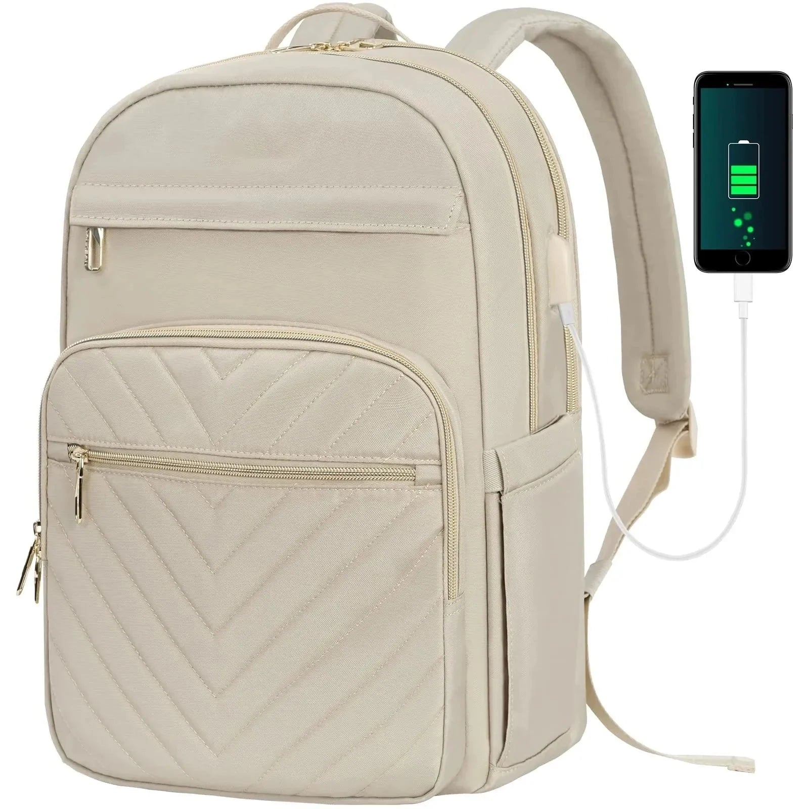 Sac à dos beige pour ordinateur avec port USB intégré