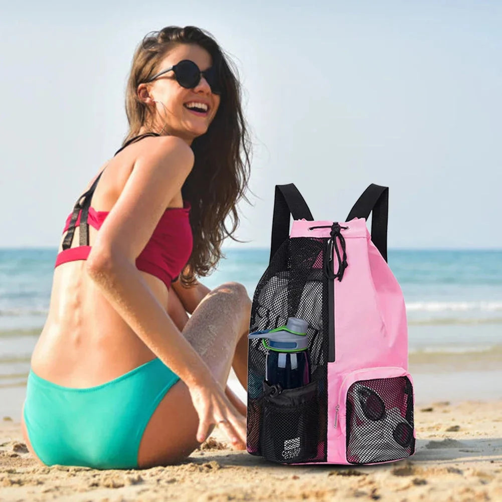 Sac à dos bleu pour plage avec poches en filet