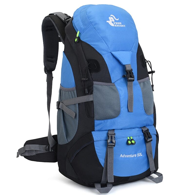 Sac à dos bleu ciel, vue de face avec poches visibles