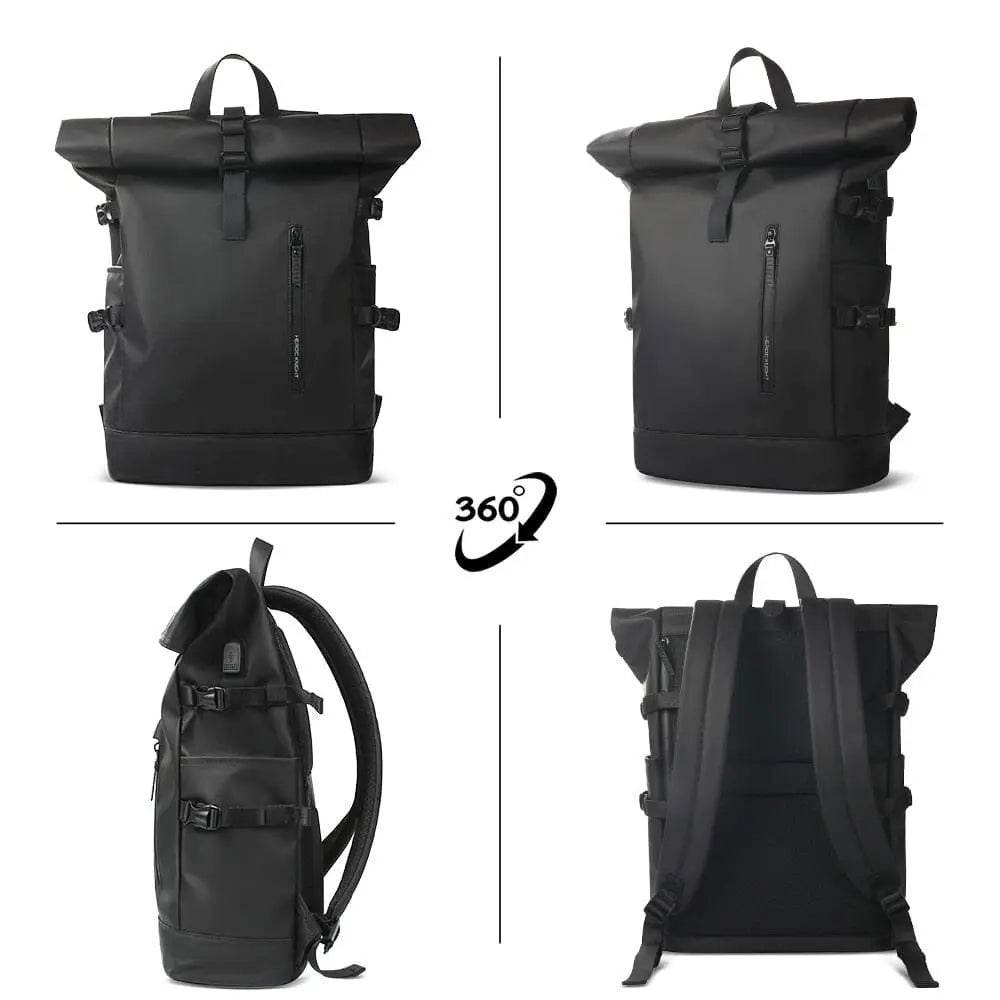 Sac à dos roll top noir avec poche principale ouverte