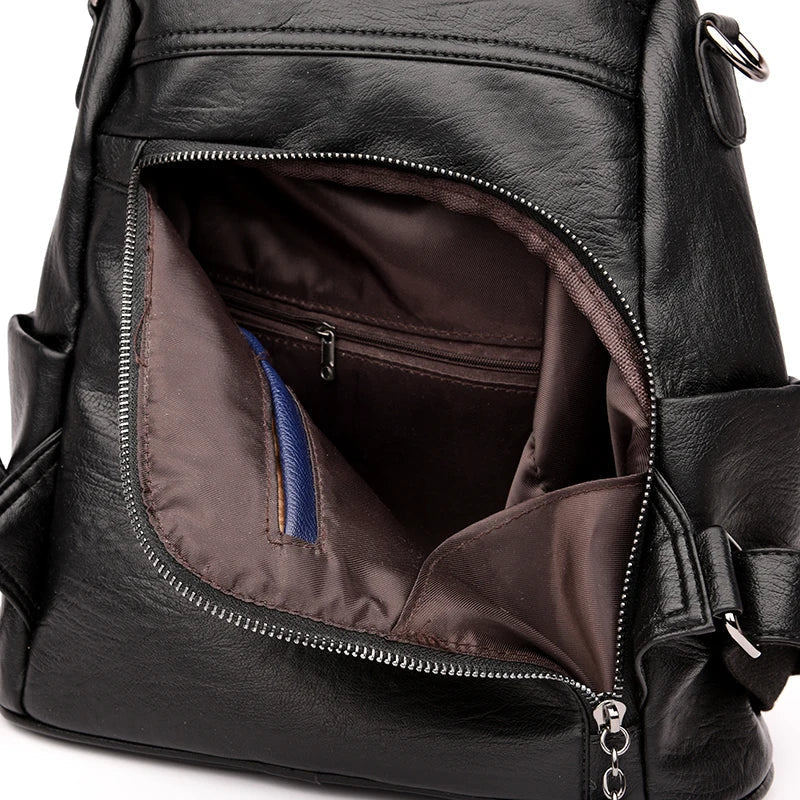 Vue latérale du sac à dos sécurisé pour femme, couleur beige