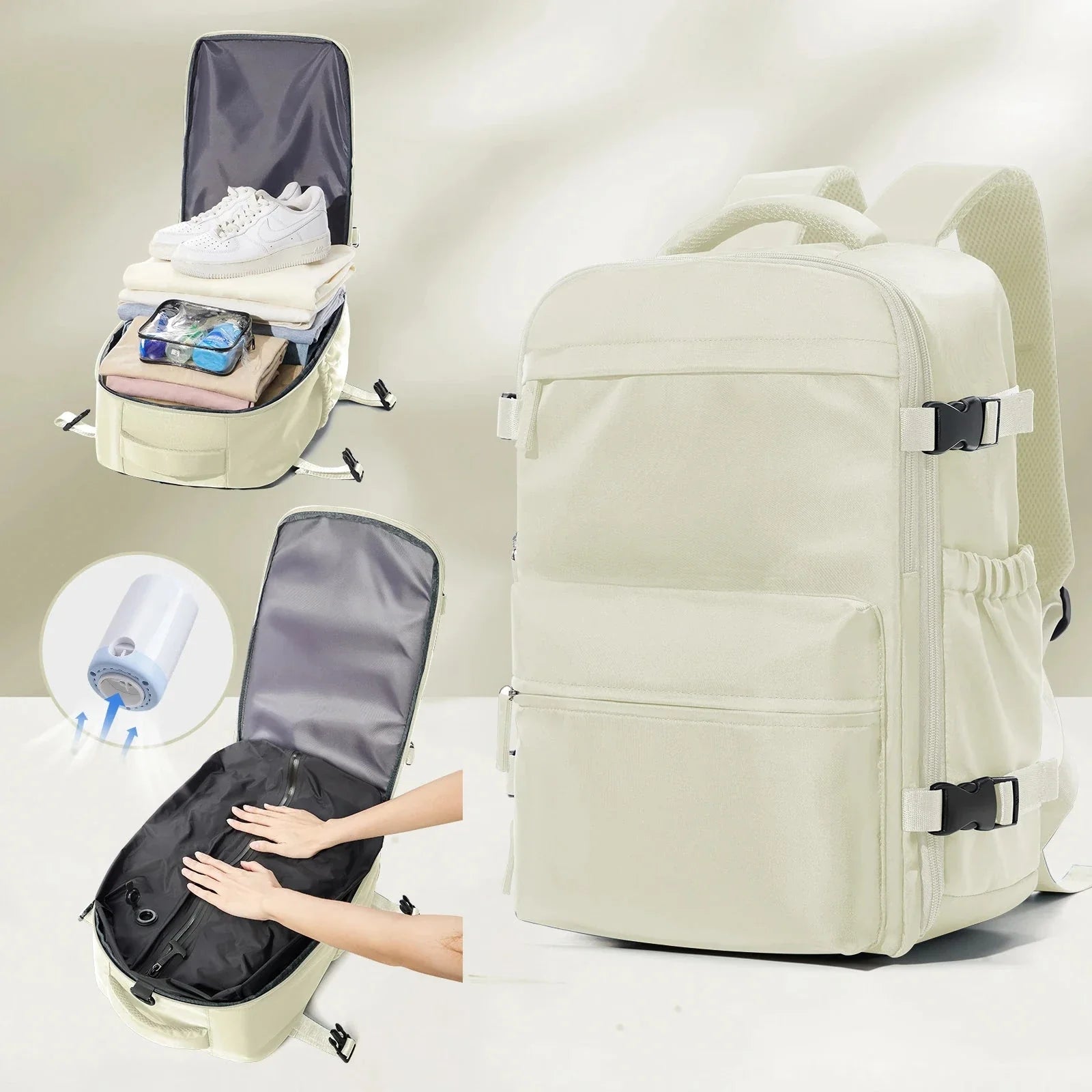 Sac à dos beige avec fonction de compression