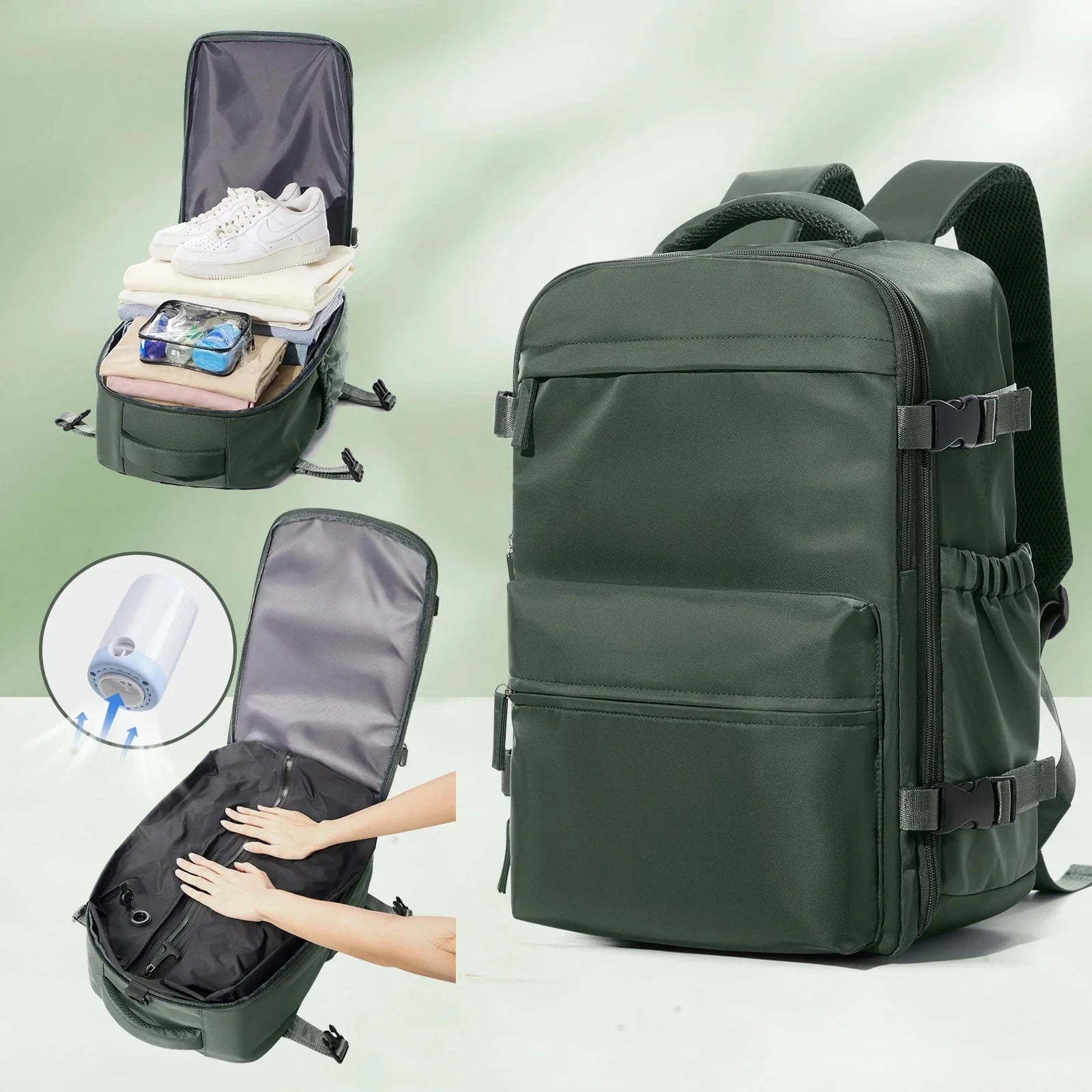 Sac à dos vert avec tissu imperméable et résistant