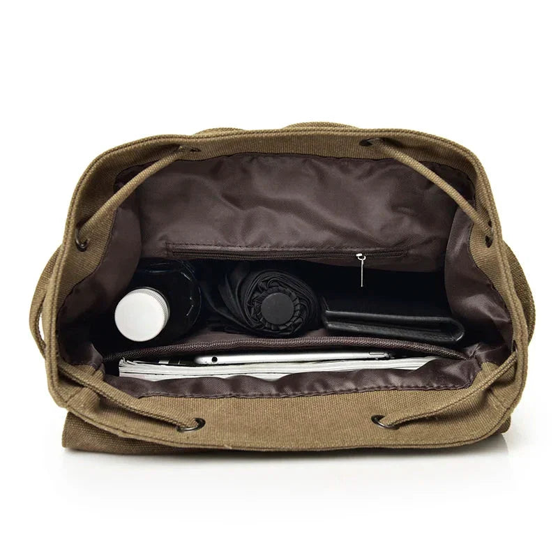 Vue de profil du sac à dos rétro en toile épaisse