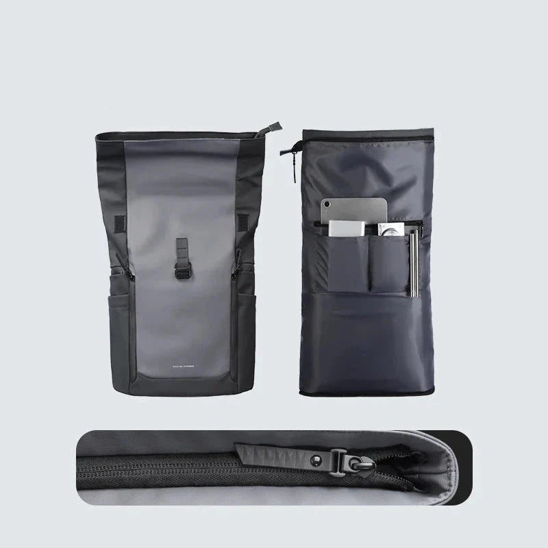 Sac à dos fermé, mettant en avant le tissu imperméable