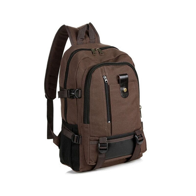 Sac à dos en toile marron, détails des coutures