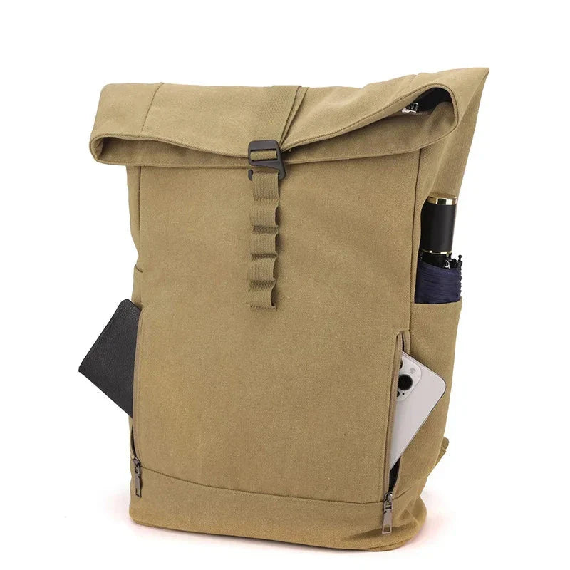Sac à dos roll top en toile, vue de face
