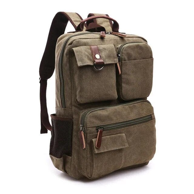 Sac à dos kaki en toile avec plusieurs compartiments