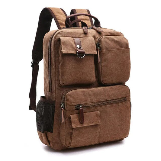 Sac à dos marron en toile, style rétro et fonctionnel
