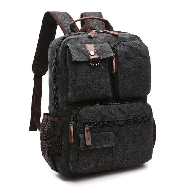 Sac à dos noir en toile, poches multiples visibles