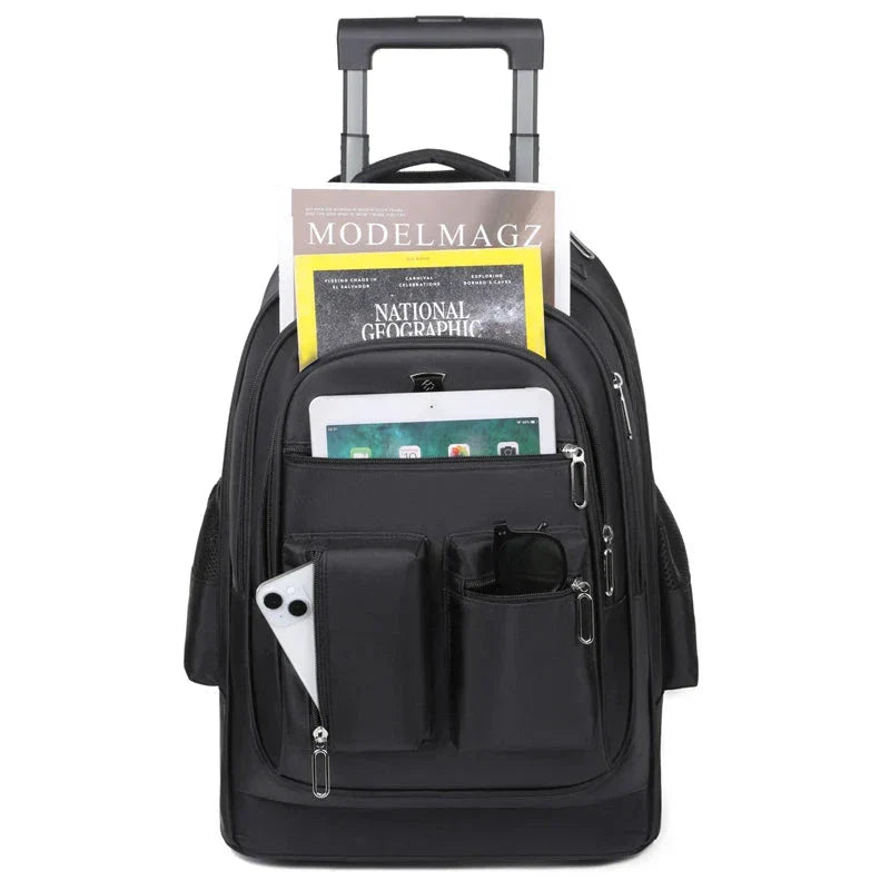 Détail des poches extérieures du sac à dos trolley pour accessoires