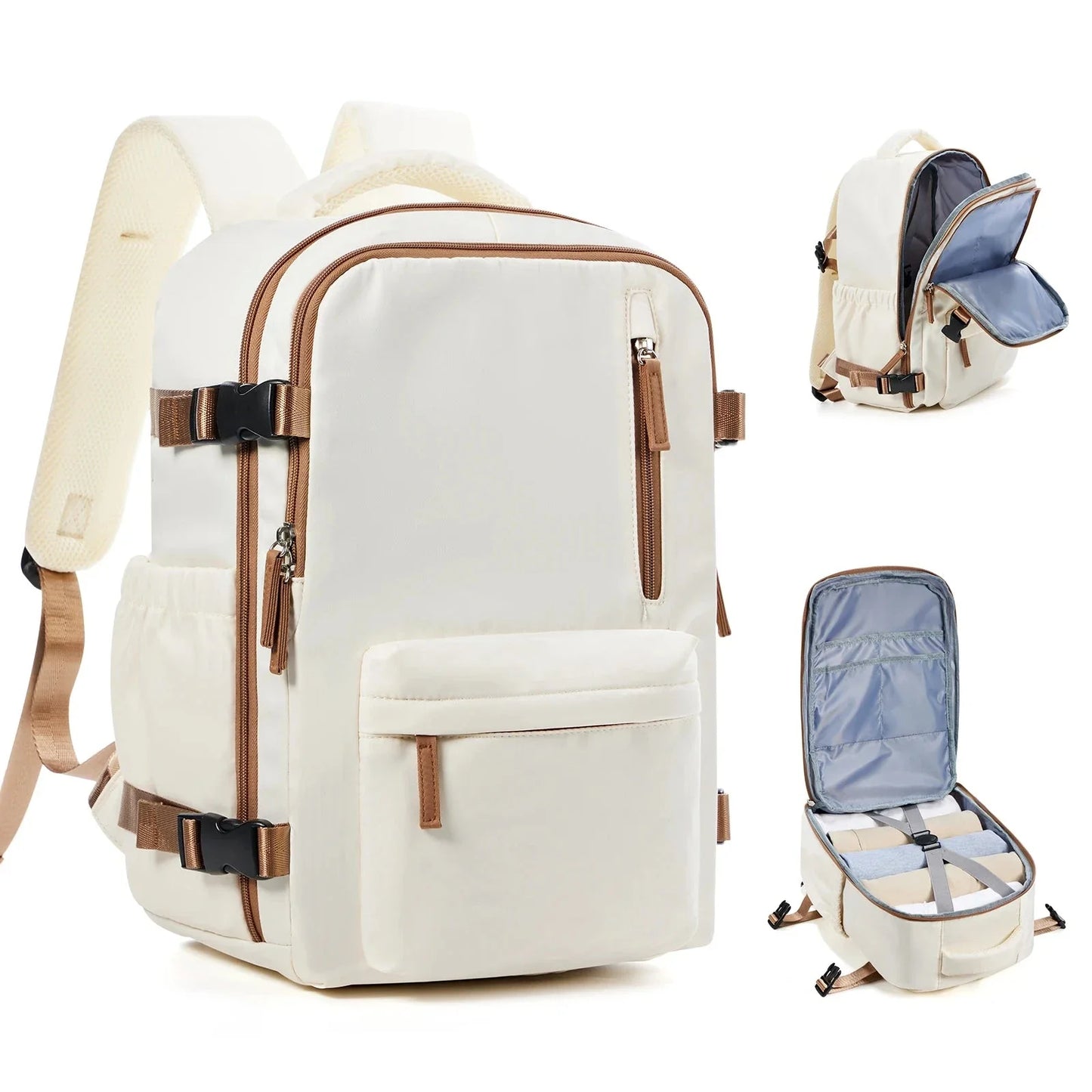 Sac à dos beige avec multiples compartiments visibles