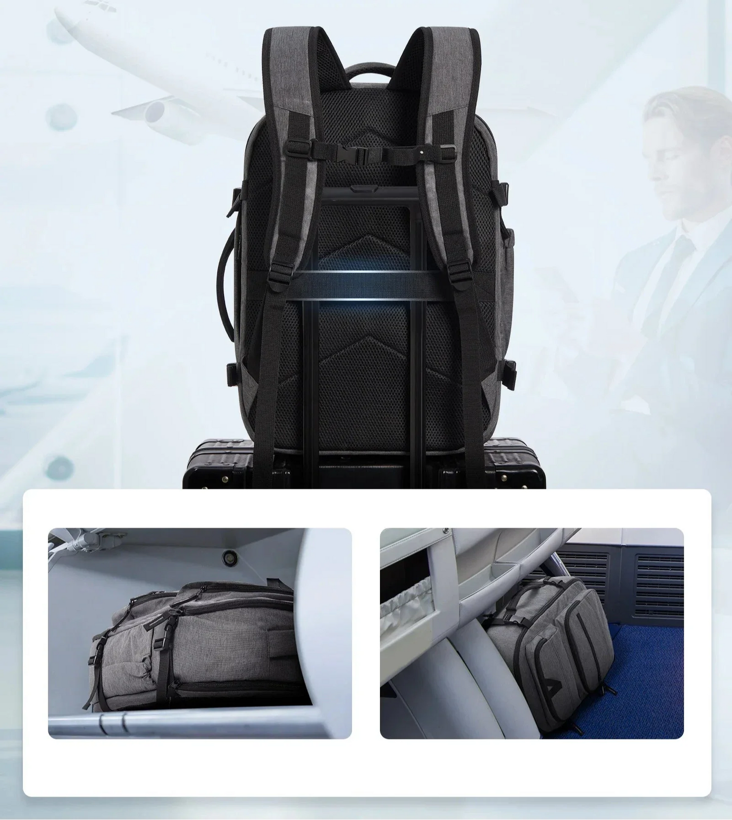 Sac à dos 40L ouvert montrant compartiments intérieurs