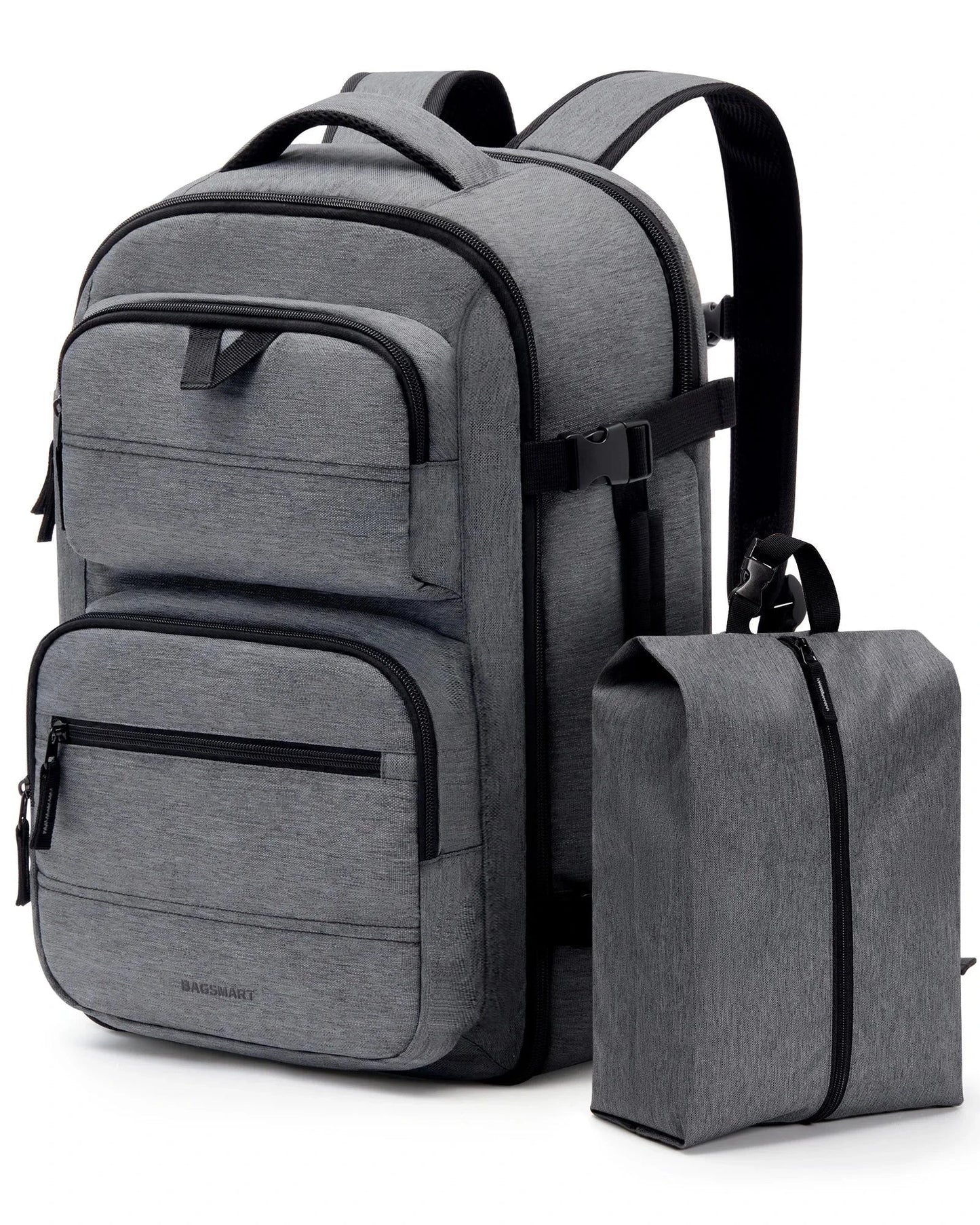 Sac à dos 40L gris avec poches extérieures visibles