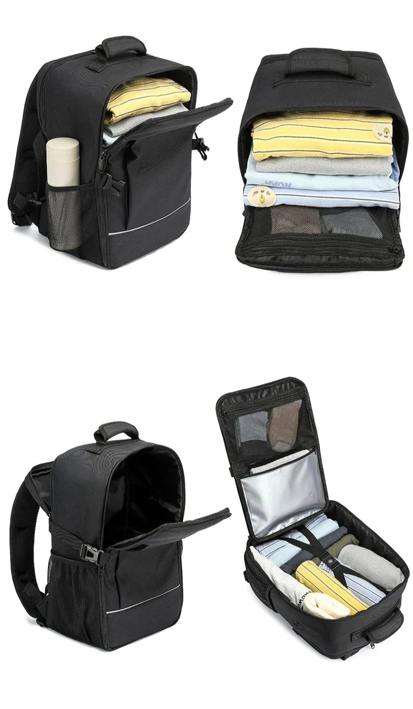 Compartiment principal ouvert avec vêtements et accessoires visibles