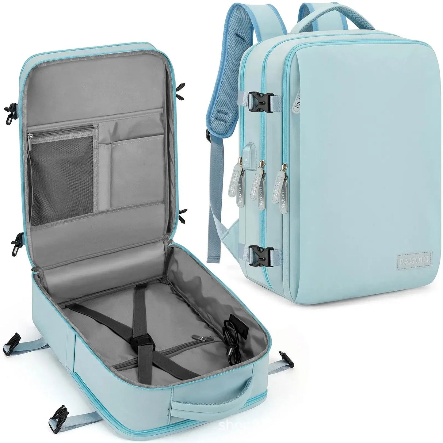 Sac à dos bleu avec sangle pour valise visible