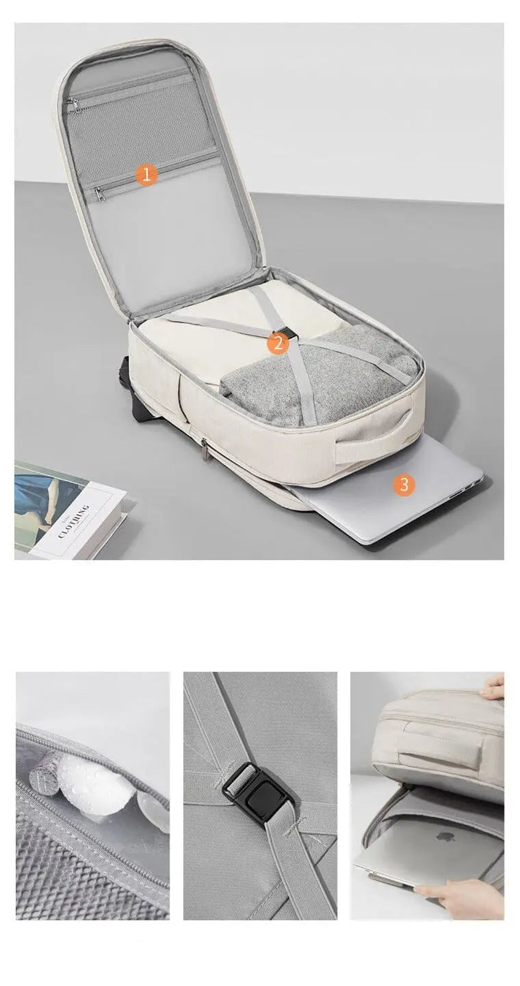 Intérieur du sac à dos avec plusieurs compartiments visibles