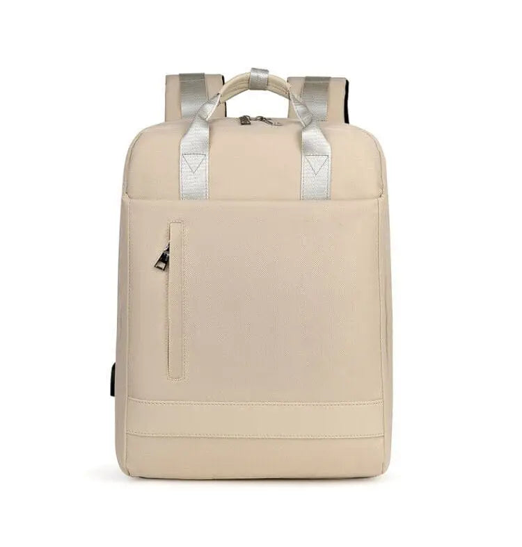 Vue arrière du sac à dos beige, bretelles et poignée visibles