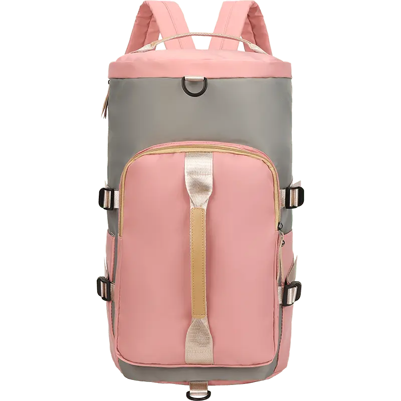 Sac à dos rose, vue latérale avec bretelles et poches visibles