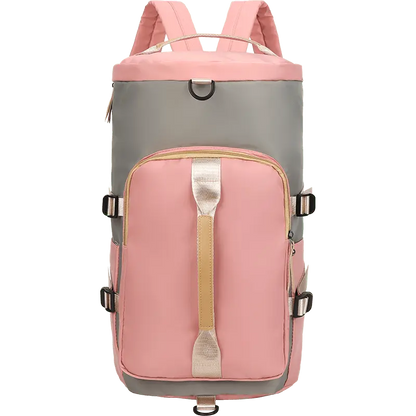 Sac à dos rose, vue latérale avec bretelles et poches visibles