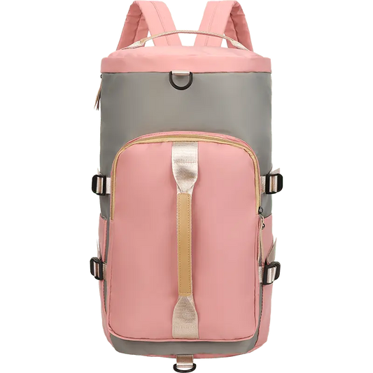 Sac à dos rose, vue latérale avec bretelles et poches visibles