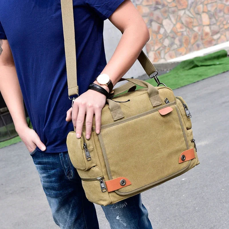 Sac bandoulière en toile vintage avec compartiments visibles