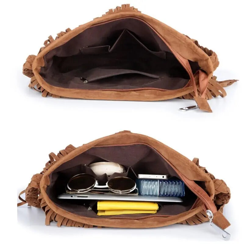 Sac à bandoulière bohème avec franges et grand compartiment