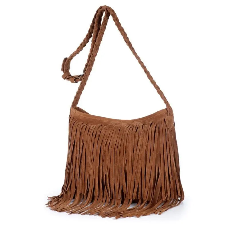 Sac camel à franges, style bohème, vue de face