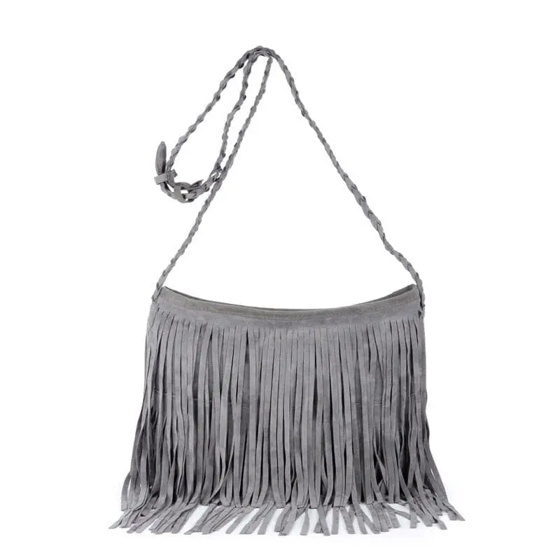 Sac gris à franges, style bohème, avec grand compartiment